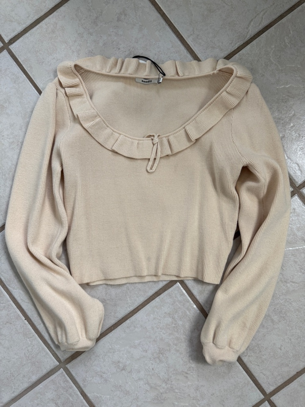 Cream Ruffle-Neck Knit Blouse